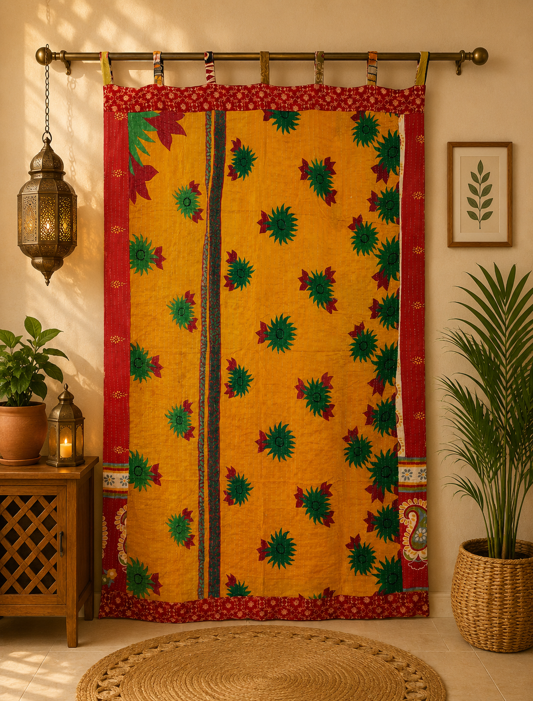 Yellow Vintage Kantha Curtain – Handmade Cotton Patchwork Boho Indian Window Door Curtain – 1 Pc - Image 2