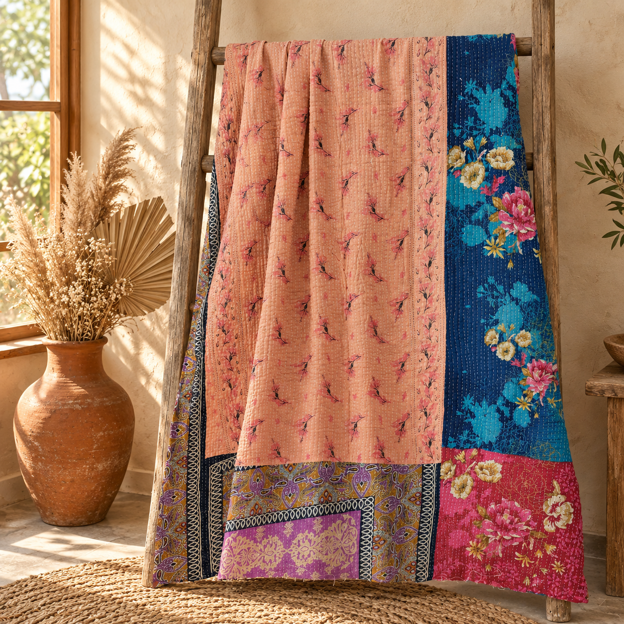 Vintage Blue Kantha Quilt – Handmade Floral Recycled Sari Bedspread, Reversible Indian Boho Throw Blanket - Image 5