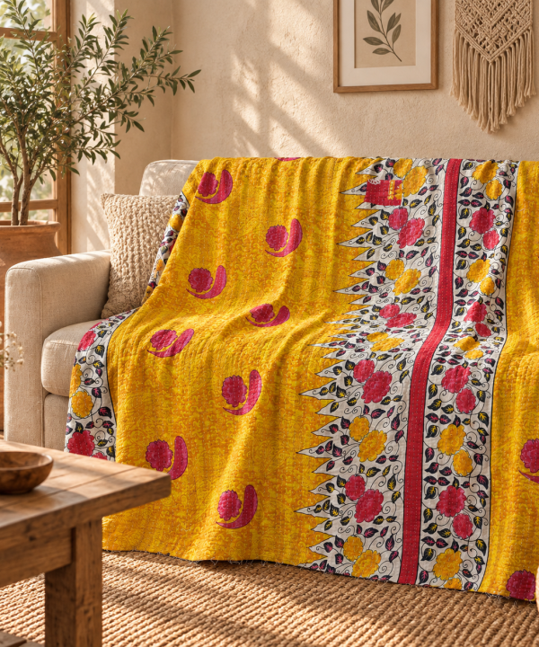 Vintage Handmade Kantha Quilt – Mustard Yellow Floral Recycled Cotton Bedspread, Indian Boho Bed & Sofa Throw