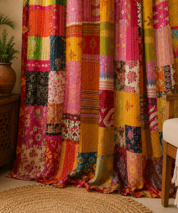 Alternative view of Vintage Kantha Patchwork Curtain – Handmade Multicolor Cotton Boho Window Door Curtain – 1 Pc