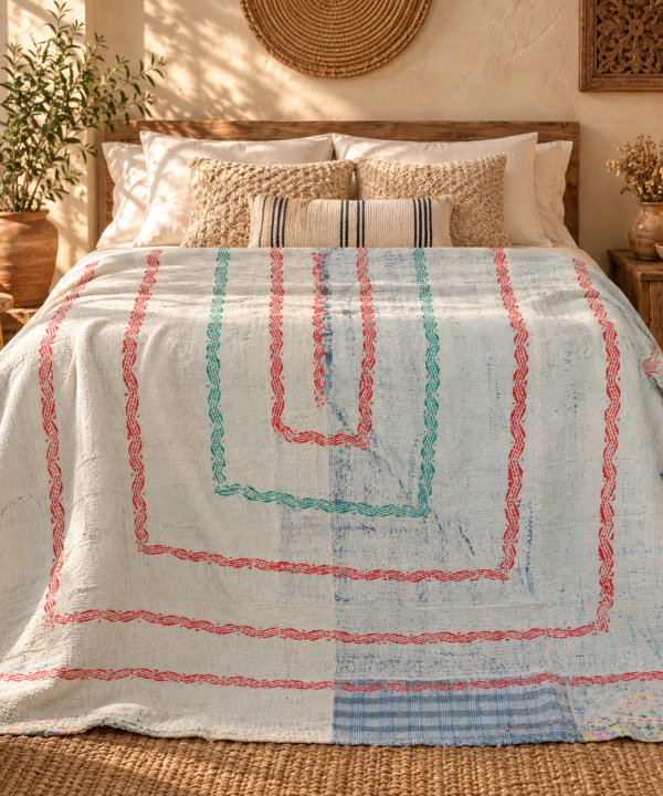Alternative view of Ivory White Vintage Kantha Quilt 60 x 90 Inches – Red Green Hand Stitched Cotton Bedspread – One of a Kind