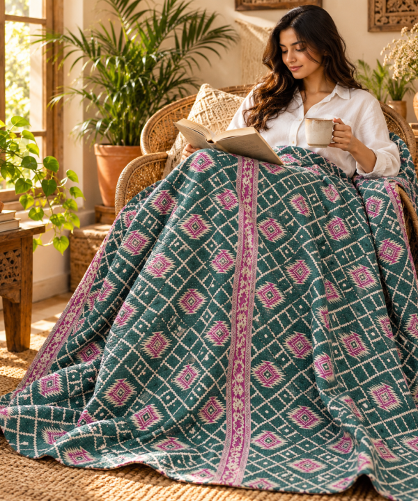 Alternative view of Teal Green Pink Geometric Vintage Kantha Quilt – Hand Stitched Cotton Bedspread Throw 60x90 Inch