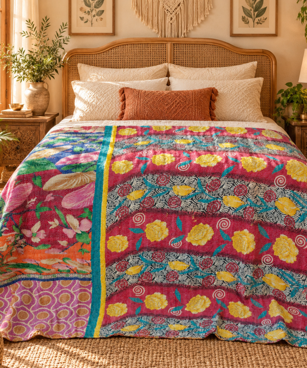 Alternative view of Pink Multicolor Floral Vintage Kantha Quilt – Handmade Cotton Indian Bedspread Throw 60x90 Inch