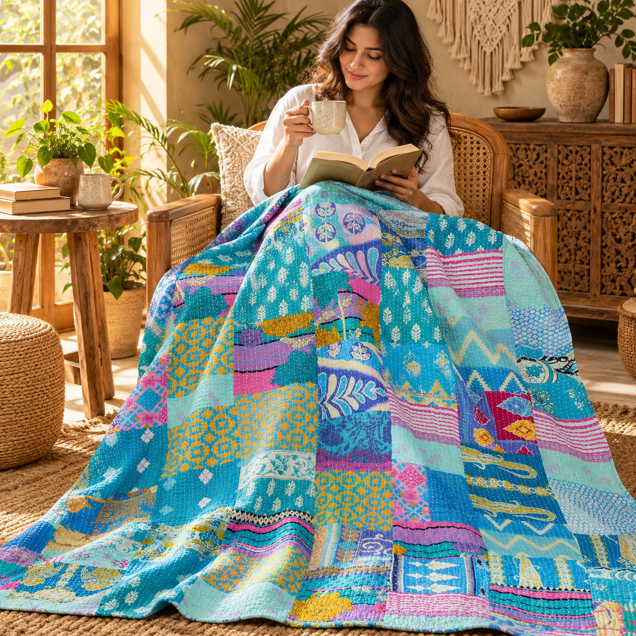 Assorted Blue Patchwork Kantha Quilt 60x90 – Handmade Cotton Bedspread - Image 3