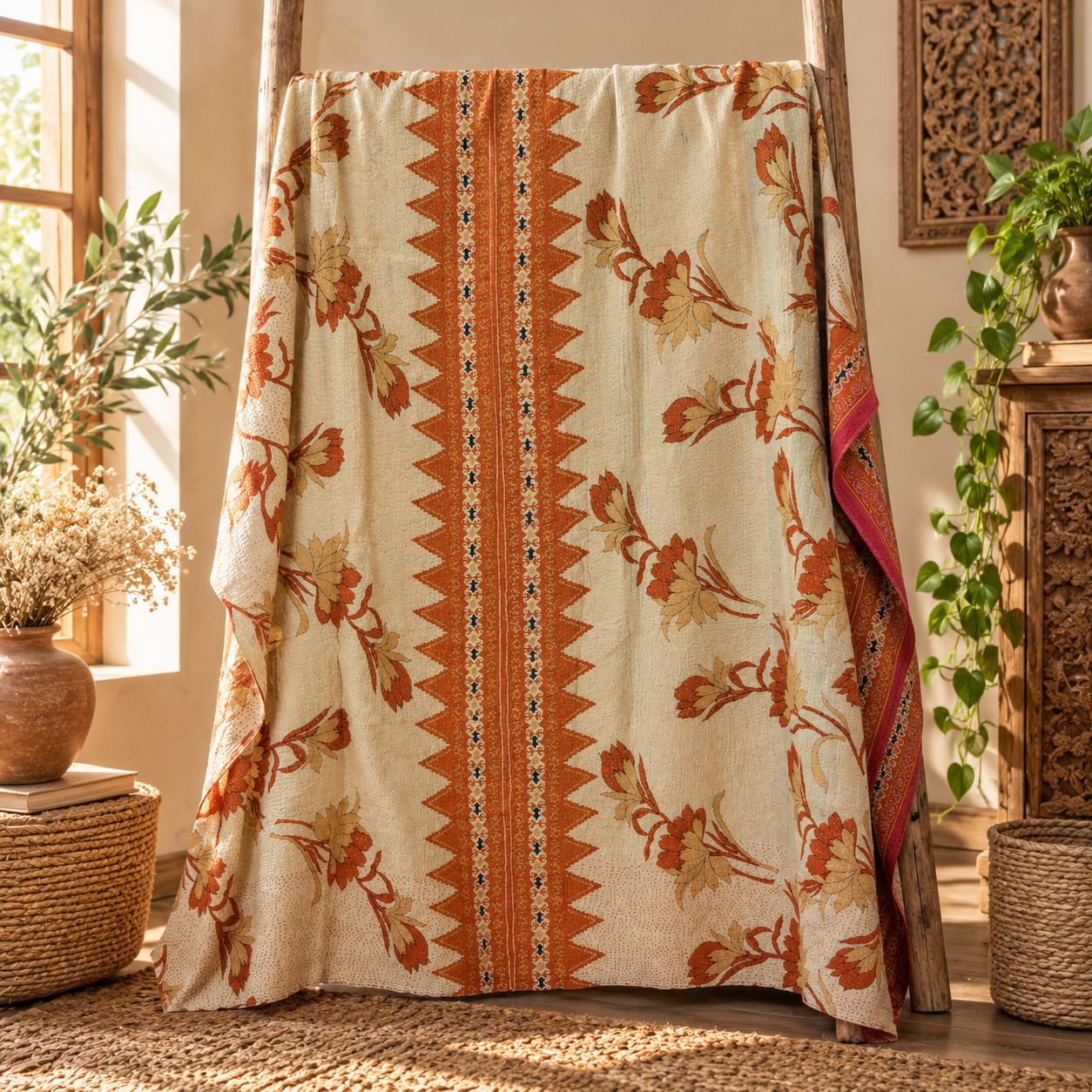 Olive Green Pink Geometric Vintage Kantha Quilt – Handmade Cotton Bedspread Throw 60x90 Inch - Image 5