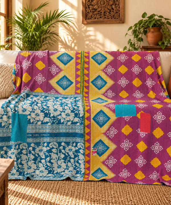 Magenta Pink & Blue Vintage Kantha Quilt – Geometric Floral Hand Stitched Cotton Throw 60x90 Inch