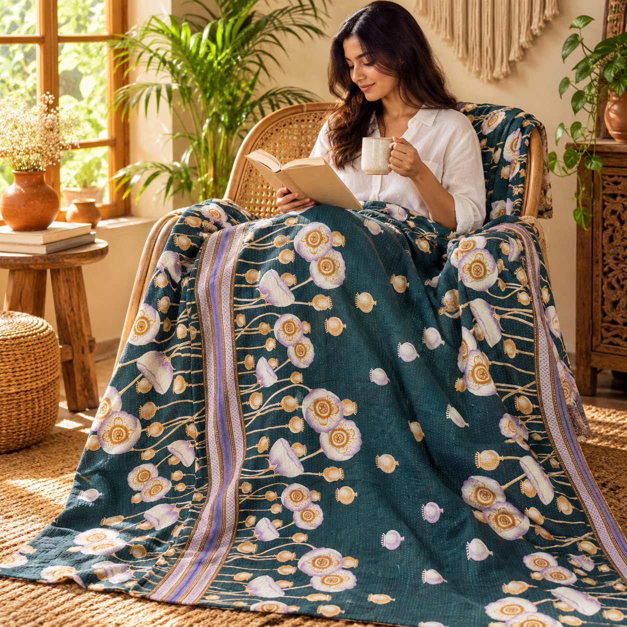 Teal Blue Floral Vintage Kantha Quilt – Hand Stitched Recycled Cotton Bedspread Throw 60x90 Inch - Image 3