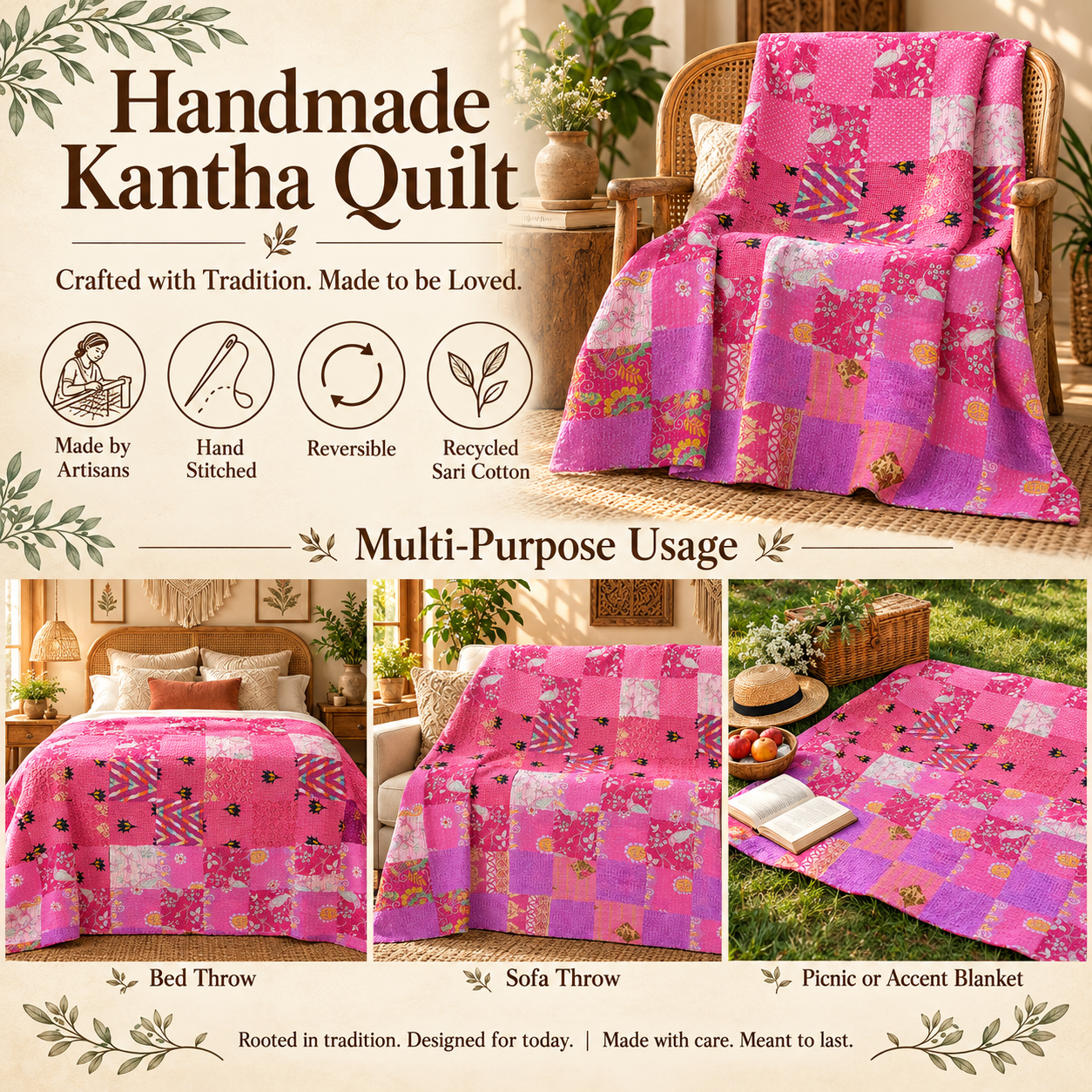 Assorted Pink Patchwork Kantha Quilt 60x90 – Handmade Cotton Bedspread - Image 4