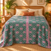 Teal Green Pink Geometric Vintage Kantha Quilt – Hand Stitched Cotton Bedspread Throw 60x90 Inch - Image 3