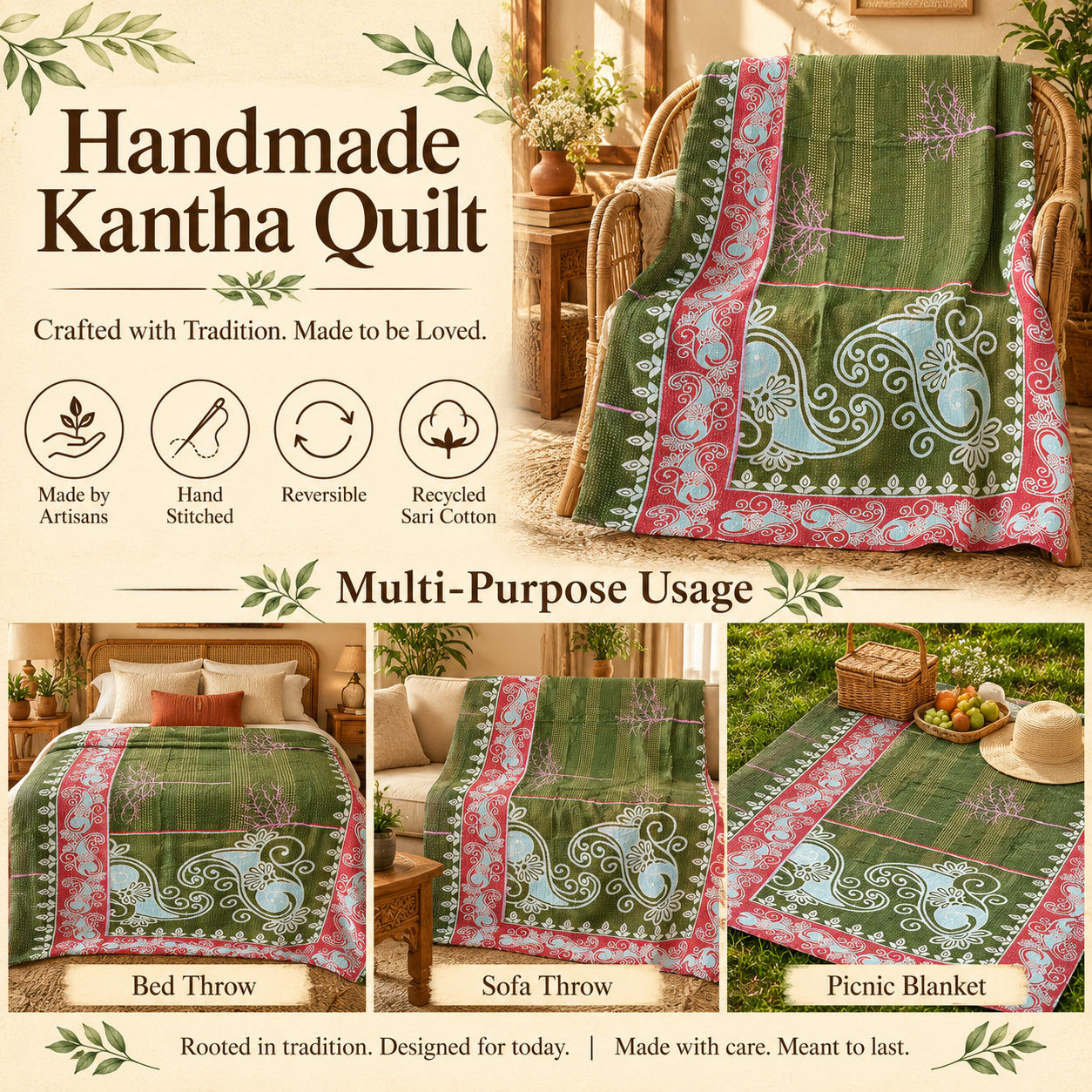 Olive Green Vintage Kantha Quilt – Paisley Floral Hand Stitched Cotton Throw 60x90 Inch - Image 4
