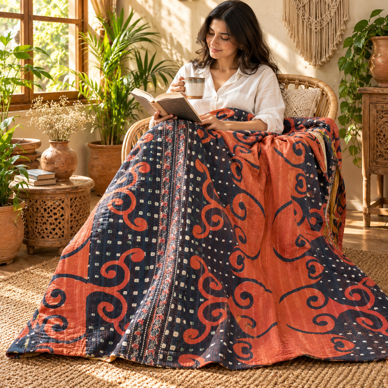 Burnt Orange & Navy Blue Vintage Kantha Quilt – Swirl Geometric Hand Stitched Cotton Throw 60x90 Inch - Image 3
