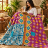 Magenta Pink & Blue Vintage Kantha Quilt – Geometric Floral Hand Stitched Cotton Throw 60x90 Inch - Image 3