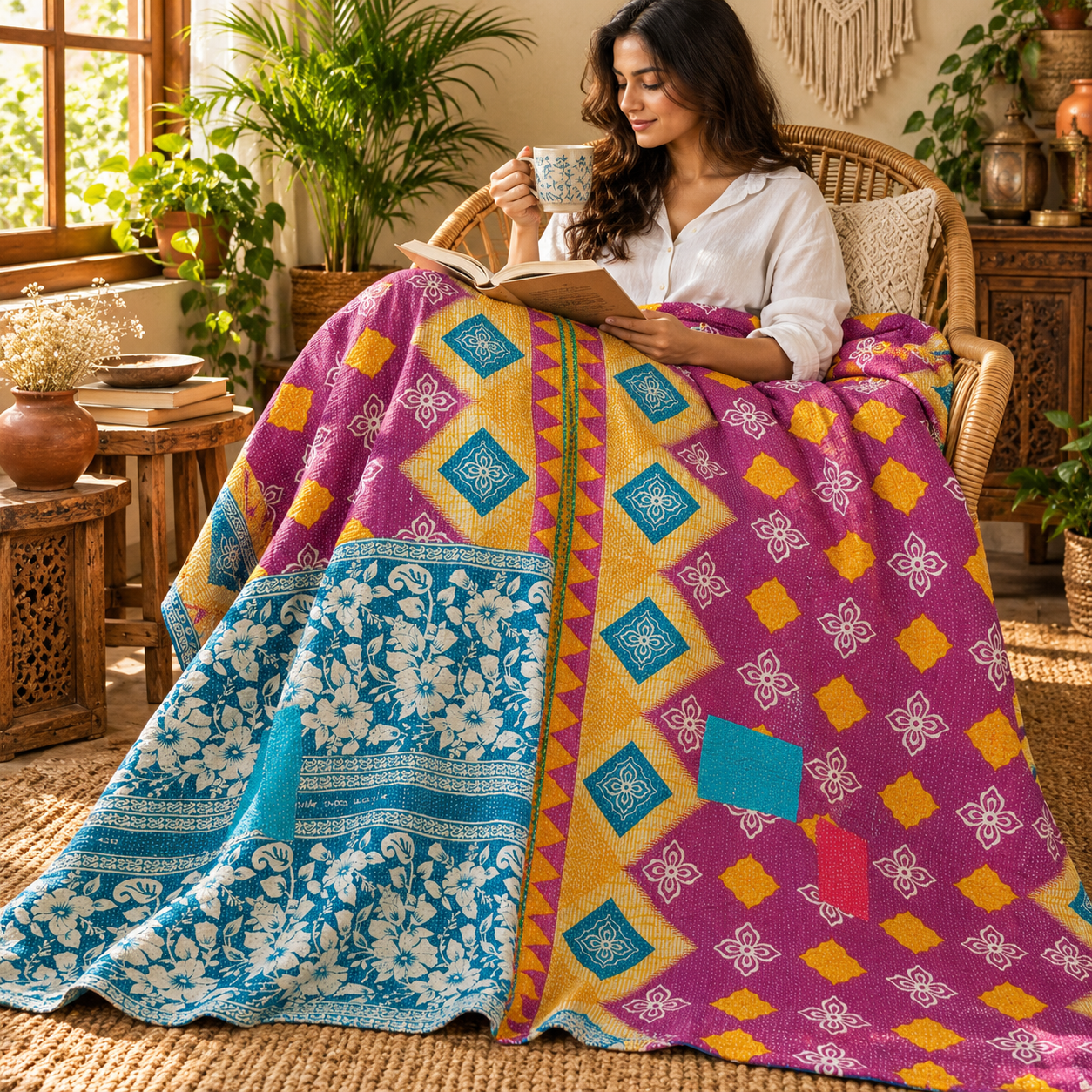 Magenta Pink & Blue Vintage Kantha Quilt – Geometric Floral Hand Stitched Cotton Throw 60x90 Inch - Image 3