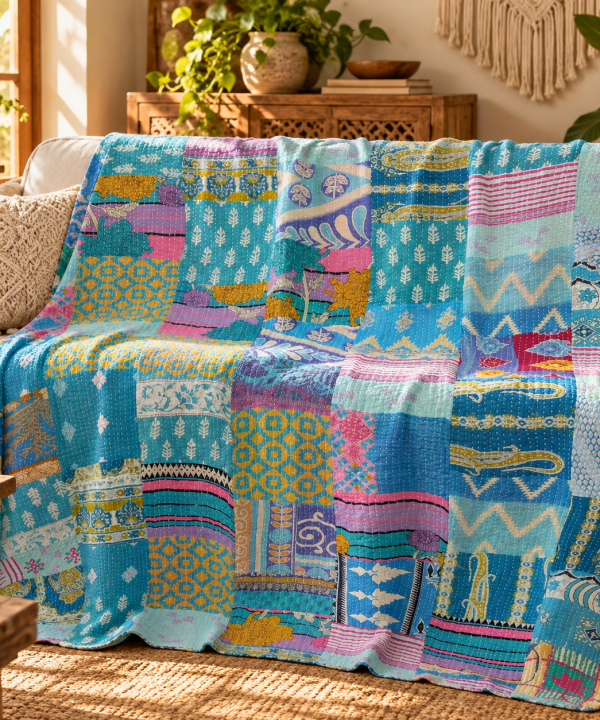 Assorted Blue Patchwork Kantha Quilt 60x90 – Handmade Cotton Bedspread