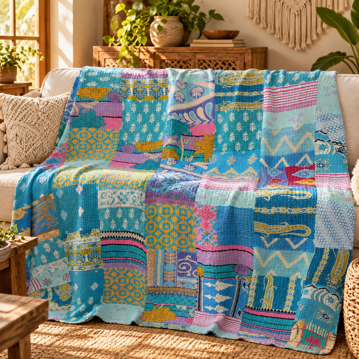 Assorted Blue Patchwork Kantha Quilt 60x90 – Handmade Cotton Bedspread