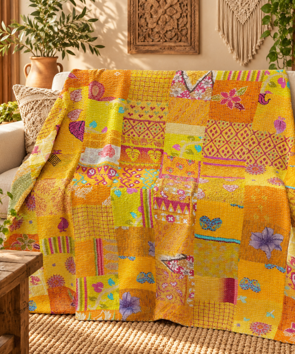 Assorted Yellow Patchwork Kantha Quilt – Handmade Vintage Cotton Boho Bedspread & Throw 60x90 Inches