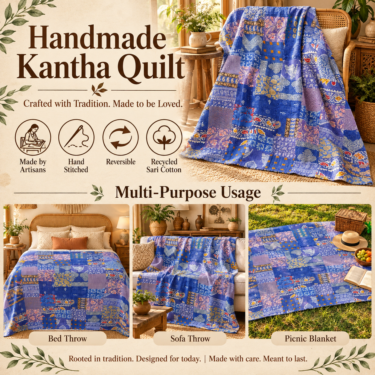 Assorted Blue Patchwork Kantha Quilt 60x90 – Handmade Cotton Bedspread - Image 4