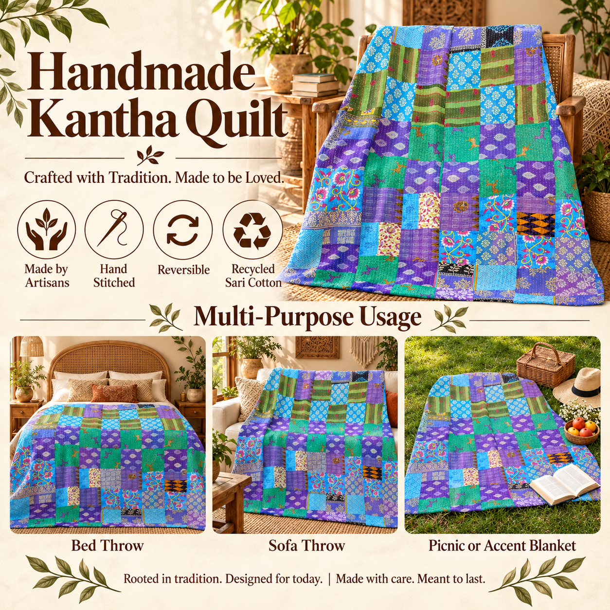 Assorted Blue Green Patchwork Kantha Quilt 60x90 – Handmade Cotton Boho Throw - Image 4