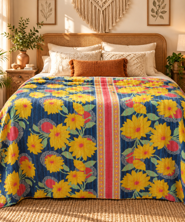 Alternative view of Navy Blue Yellow Floral Vintage Kantha Quilt – Handmade Cotton Bedspread Throw 60x90 Inch