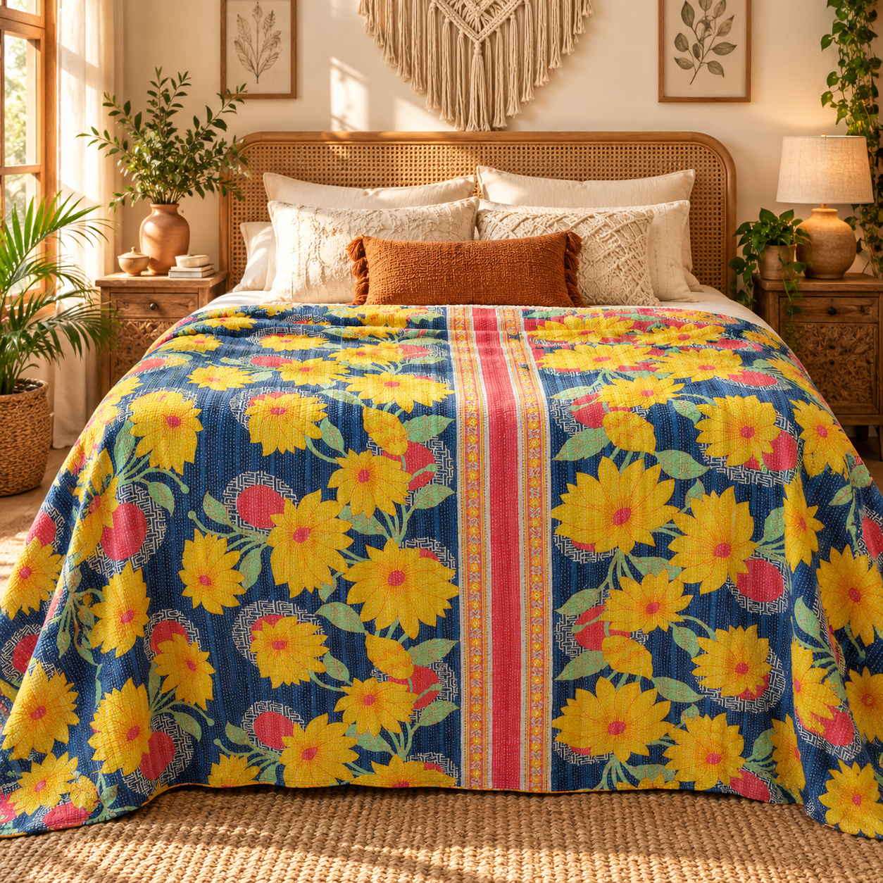 Navy Blue Yellow Floral Vintage Kantha Quilt – Handmade Cotton Bedspread Throw 60x90 Inch - Image 2