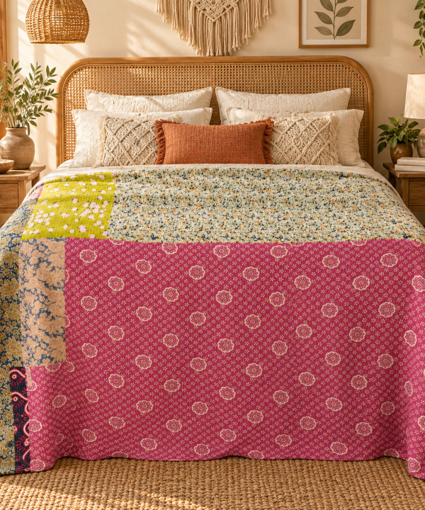Alternative view of Pink Floral Vintage Kantha Quilt – Handmade Recycled Cotton Indian Bedspread Throw 60x90 Inch