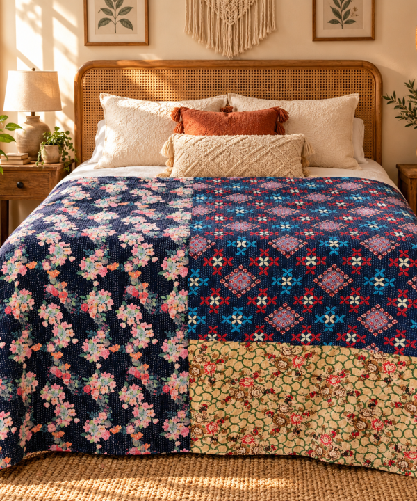 Alternative view of Navy Blue Floral Vintage Kantha Quilt – Handmade Cotton Indian Bedspread Throw 60x90 Inch