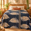Navy Blue Beige Floral Vintage Kantha Quilt – Hand Stitched Recycled Cotton Bed Throw 60x90 Inch - Image 2