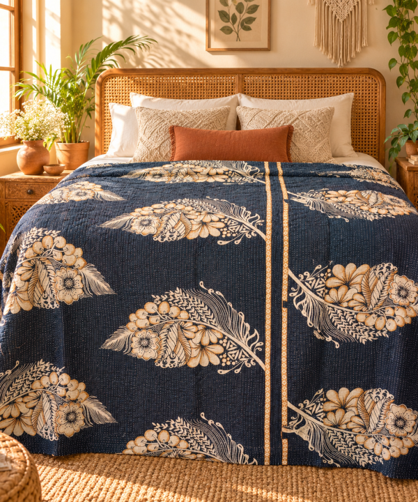 Alternative view of Navy Blue Beige Floral Vintage Kantha Quilt – Hand Stitched Recycled Cotton Bed Throw 60x90 Inch