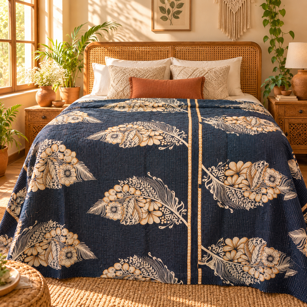 Navy Blue Beige Floral Vintage Kantha Quilt – Hand Stitched Recycled Cotton Bed Throw 60x90 Inch - Image 2