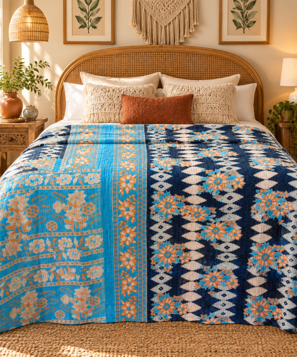 Alternative view of Blue Floral Kantha Quilt 60x90 – Handmade Cotton Bedspread