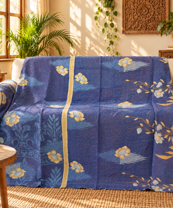 Royal Blue Floral Vintage Kantha Quilt – Hand Stitched Recycled Cotton Bed Throw 60x90 Inch