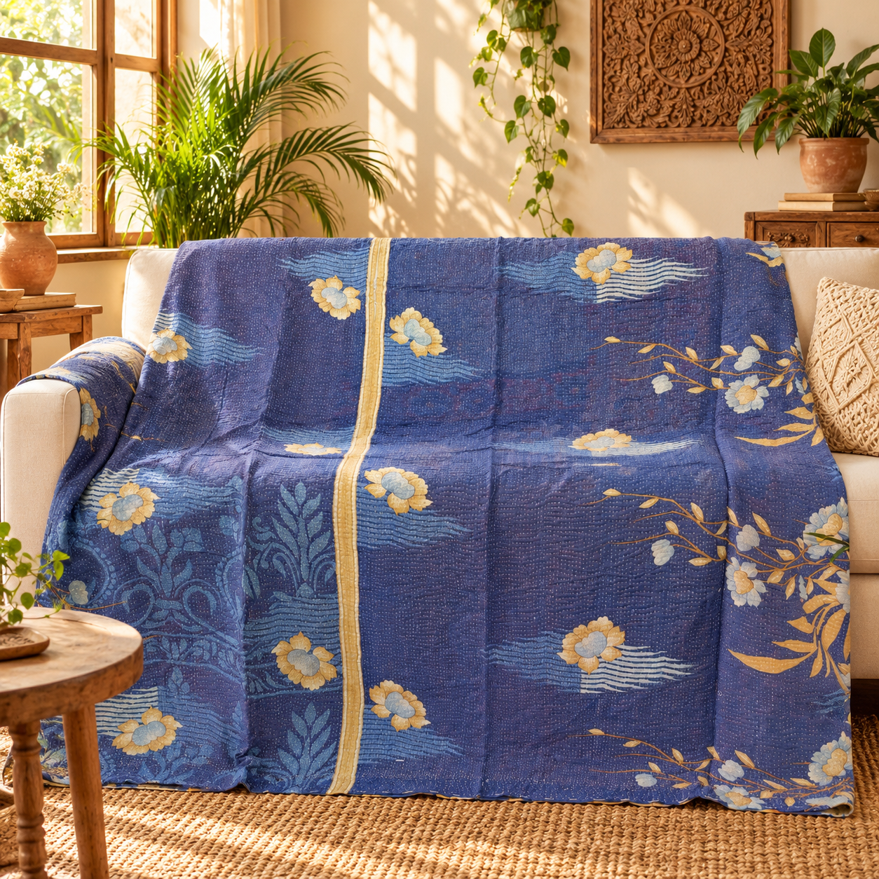 Royal Blue Floral Vintage Kantha Quilt – Hand Stitched Recycled Cotton Bed Throw 60x90 Inch
