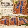 Royal Blue & Orange Floral Vintage Kantha Quilt – Hand Stitched Cotton Bedspread Throw 60x90 Inch - Image 4