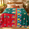 Emerald Green Red Floral Vintage Kantha Quilt – Hand Stitched Cotton Bedspread Throw 60x90 Inch - Image 2