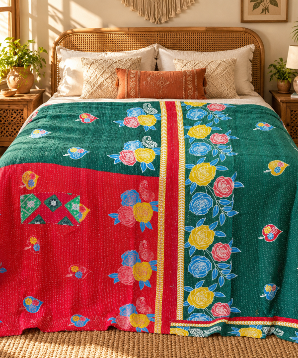Alternative view of Emerald Green Red Floral Vintage Kantha Quilt – Hand Stitched Cotton Bedspread Throw 60x90 Inch