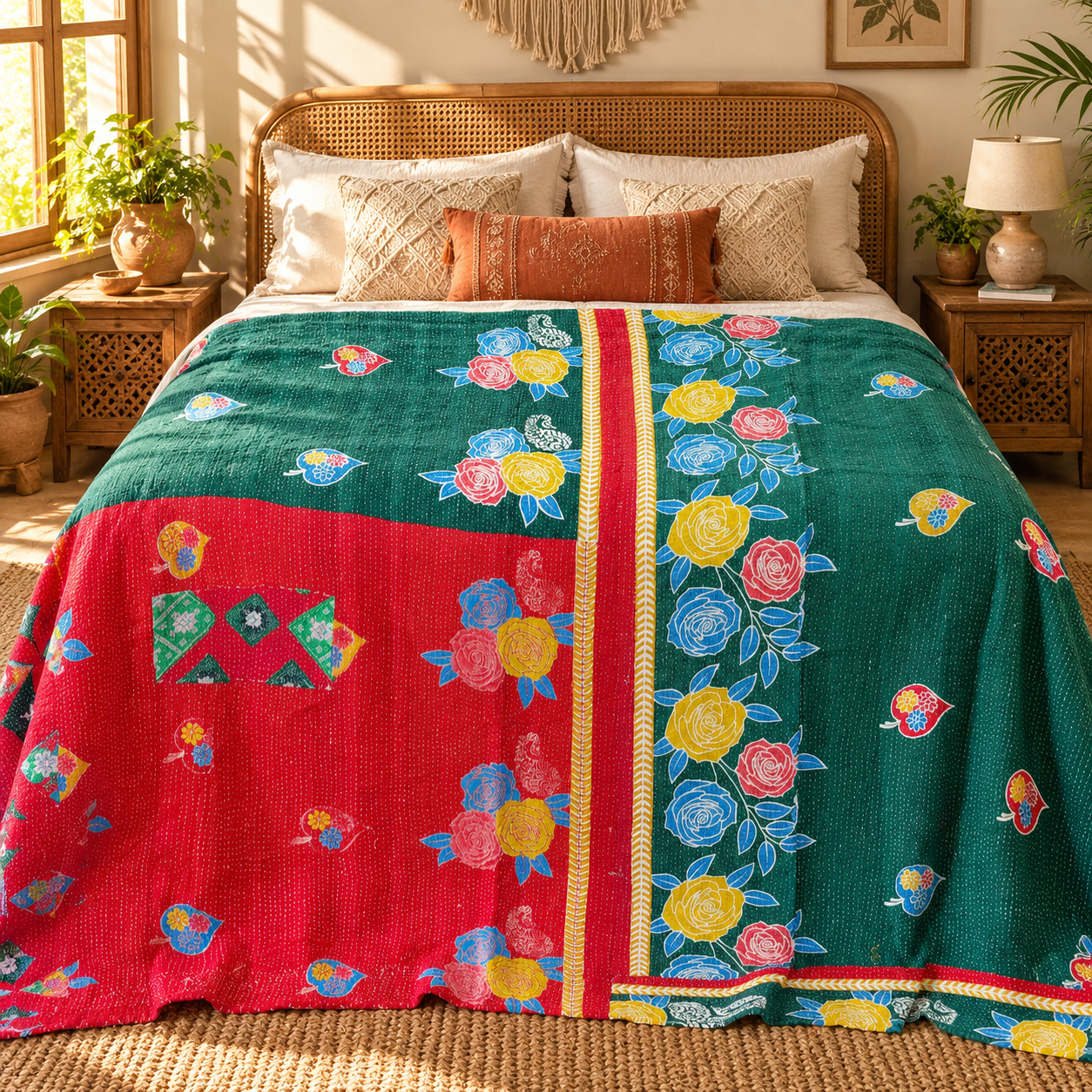Emerald Green Red Floral Vintage Kantha Quilt – Hand Stitched Cotton Bedspread Throw 60x90 Inch - Image 2