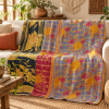 Blue Grey Floral Vintage Kantha Quilt – Handmade Recycled Cotton Bedspread Throw 60x90 Inch