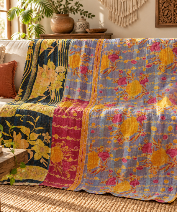 Blue Grey Floral Vintage Kantha Quilt – Handmade Recycled Cotton Bedspread Throw 60x90 Inch