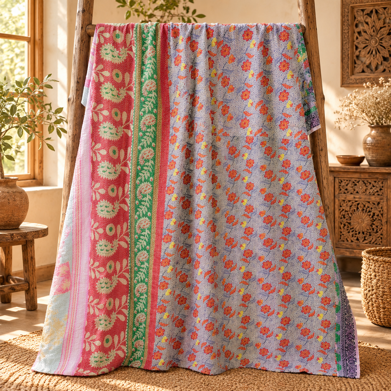 Red Floral Kantha Quilt 60x90 – Handmade Cotton Bedspread - Image 5