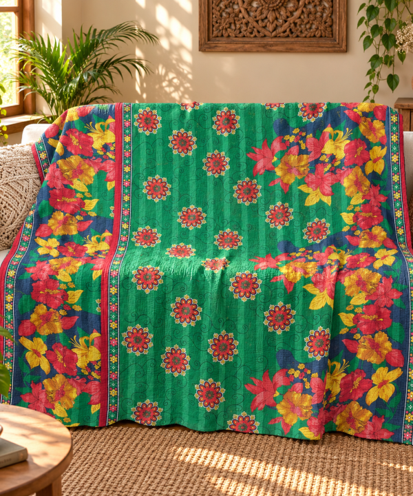 Emerald Green Floral Vintage Kantha Quilt – Multicolor Hand Stitched Sari Cotton Throw 60x90 Inch