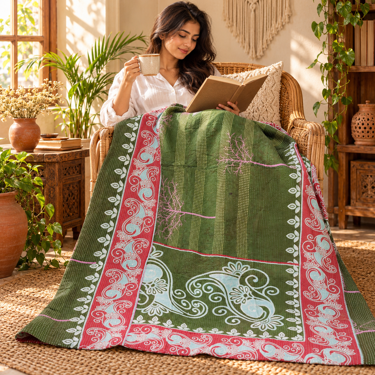 Olive Green Vintage Kantha Quilt – Paisley Floral Hand Stitched Cotton Throw 60x90 Inch - Image 3