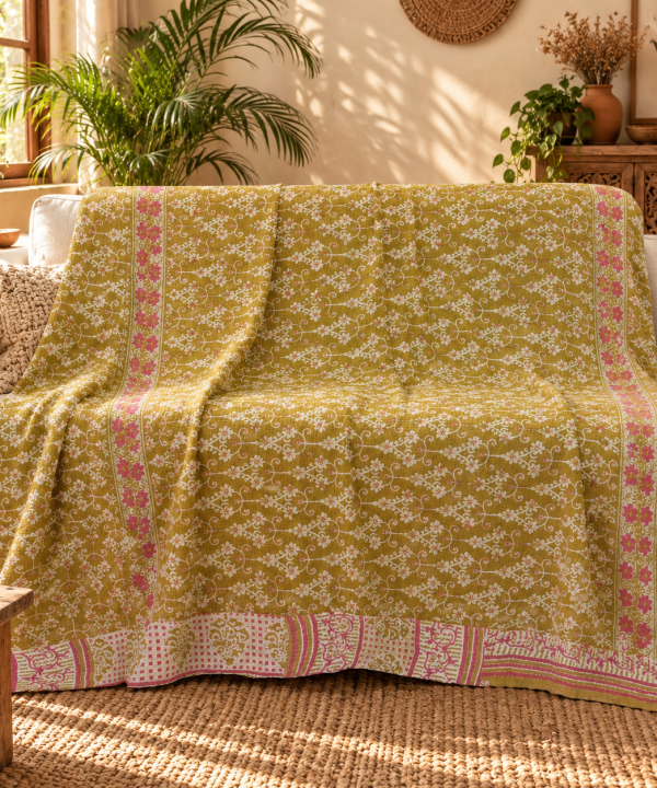 Mustard Yellow Pink Floral Vine Vintage Kantha Quilt – Hand Stitched Cotton Throw 60x90 Inch