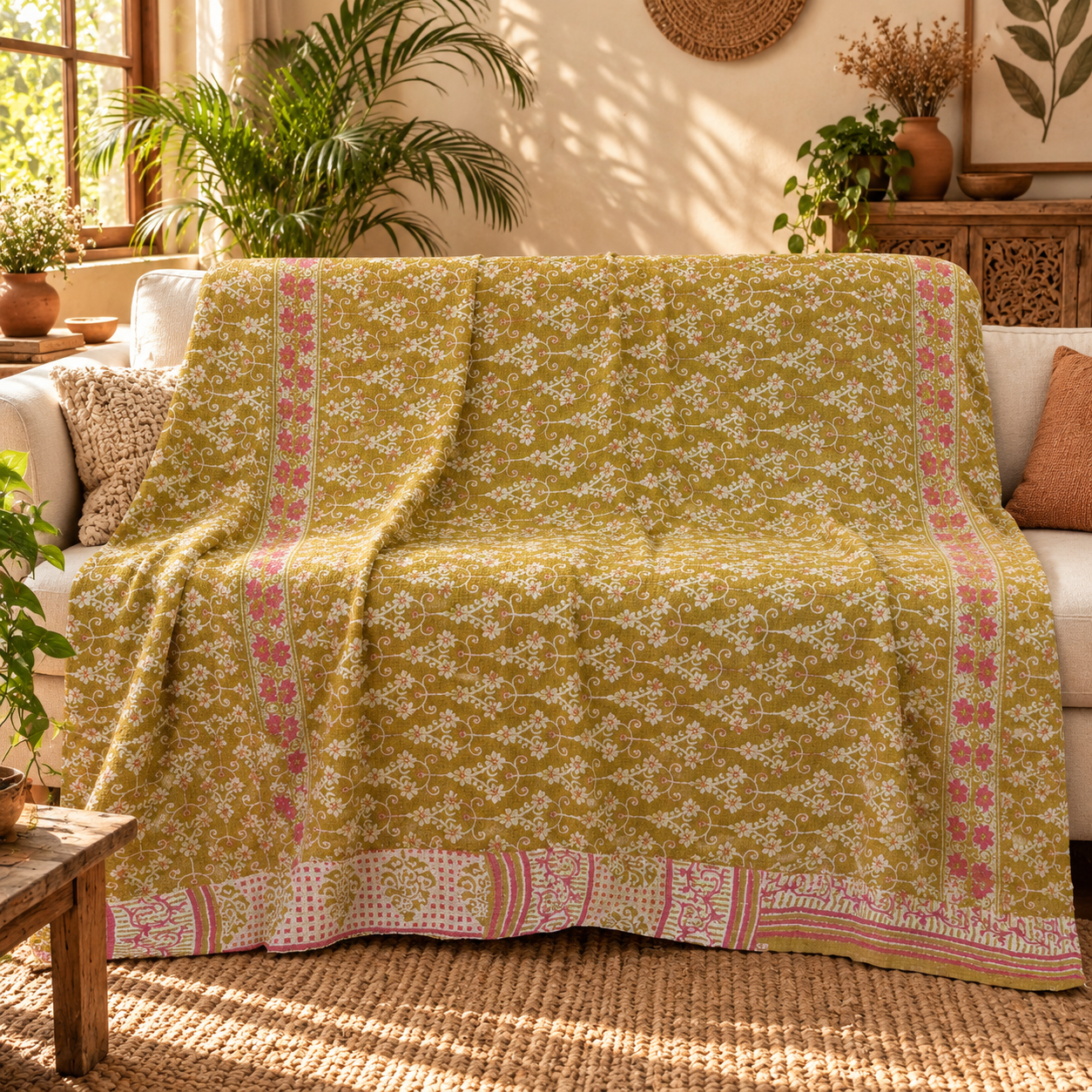 Mustard Yellow Pink Floral Vine Vintage Kantha Quilt – Hand Stitched Cotton Throw 60x90 Inch