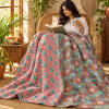 Coral Pink Blue Paisley Vintage Kantha Quilt – Floral Hand Stitched Cotton Throw 60x90 Inch - Image 3