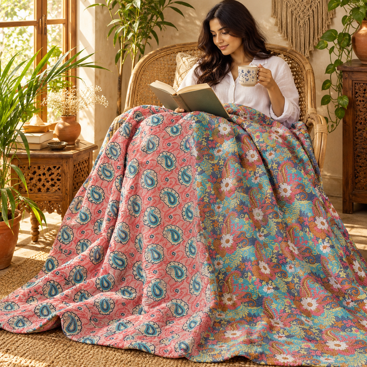 Coral Pink Blue Paisley Vintage Kantha Quilt – Floral Hand Stitched Cotton Throw 60x90 Inch - Image 3