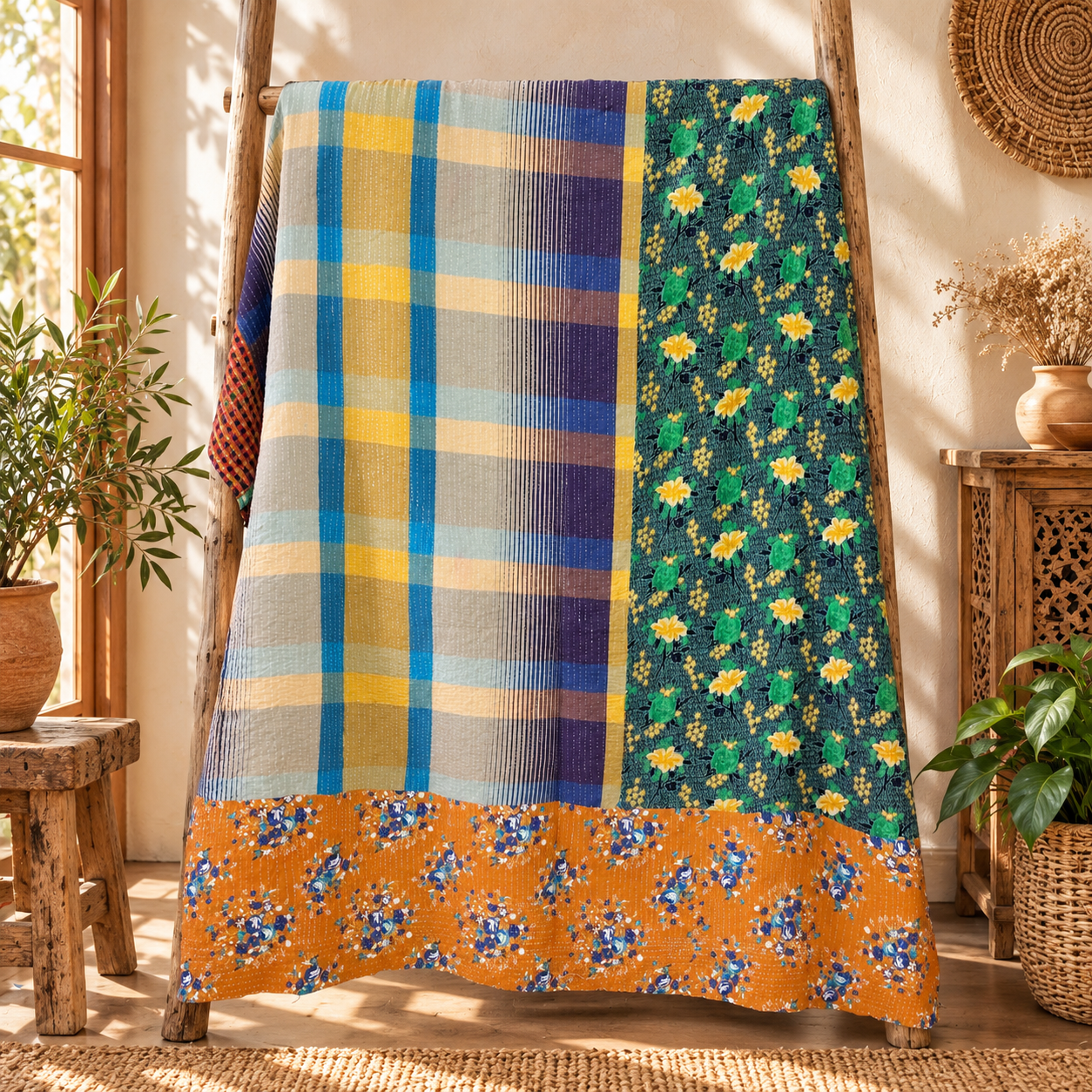 Burgundy Red Floral Paisley Vintage Kantha Quilt – Hand Stitched Cotton Bed Throw 60x90 Inch - Image 5