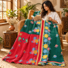 Emerald Green Red Floral Vintage Kantha Quilt – Hand Stitched Cotton Bedspread Throw 60x90 Inch - Image 4