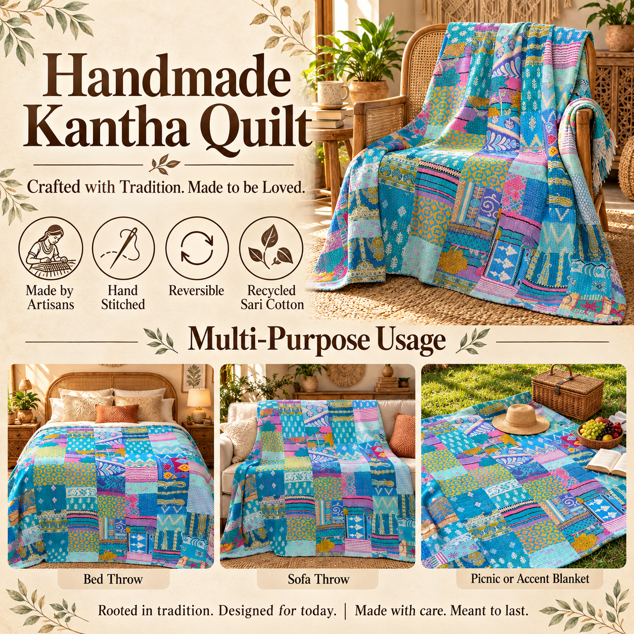 Assorted Blue Patchwork Kantha Quilt 60x90 – Handmade Cotton Bedspread - Image 4