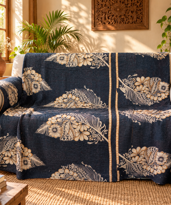Navy Blue Beige Floral Vintage Kantha Quilt – Hand Stitched Recycled Cotton Bed Throw 60x90 Inch