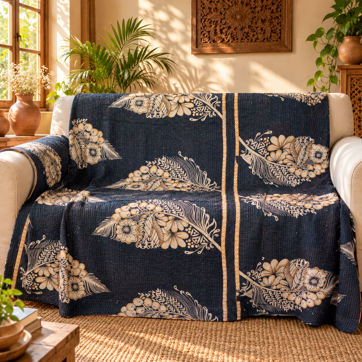 Navy Blue Beige Floral Vintage Kantha Quilt – Hand Stitched Recycled Cotton Bed Throw 60x90 Inch